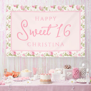 Pink Cottage Rose Happy Sweet 16th Birthday Banner