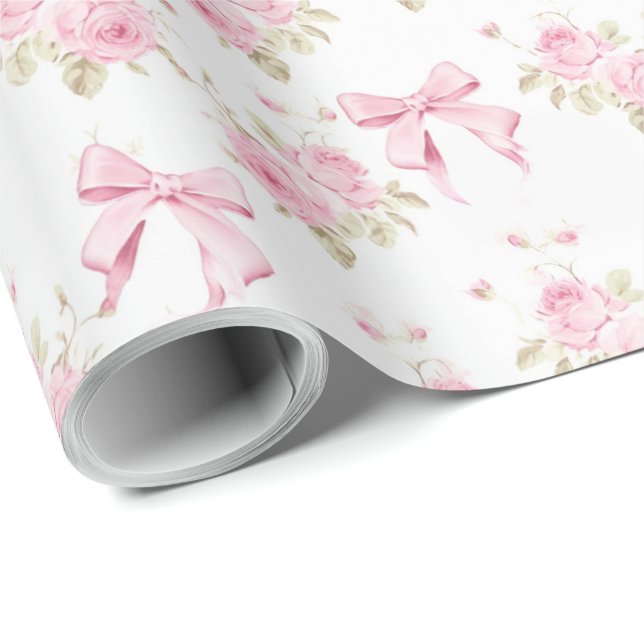Pink Cottage Rose with Bow Coquette  Wrapping Paper (Roll Corner)