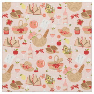 pink cottagecore croissant picnic basket fabric