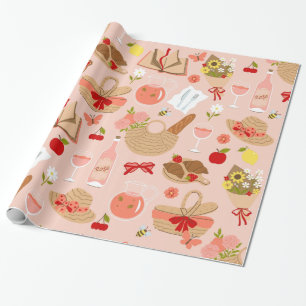 pink cottagecore croissant picnic basket wrapping paper