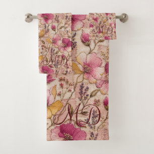 Pink Cottagecore Floral Stitched Grandmillennial Bath Towel Set