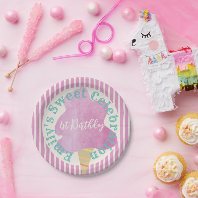 Pink Cotton Candy Birthday Party Teal Tan Paper Plate (Party)