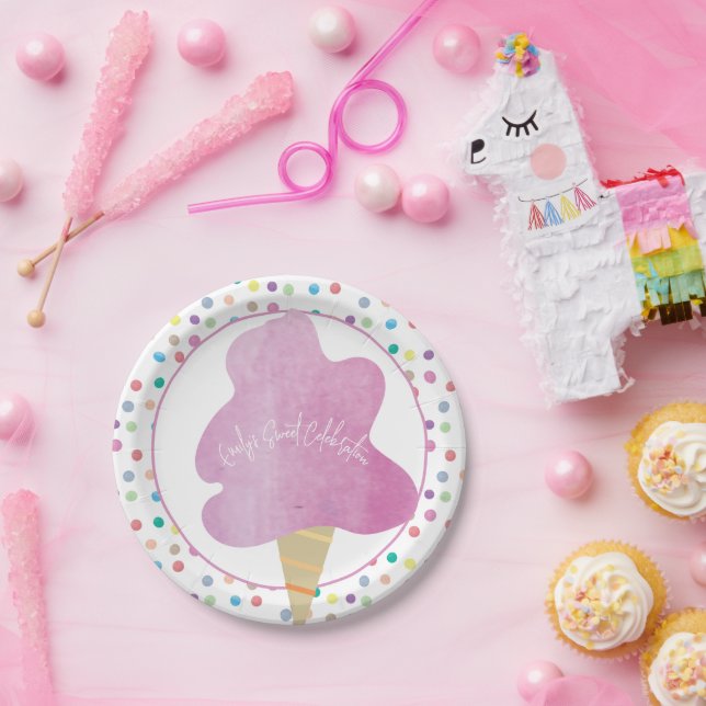 Pink Cotton Candy Birthday Party Watercolor Dots Paper Plate (Party)