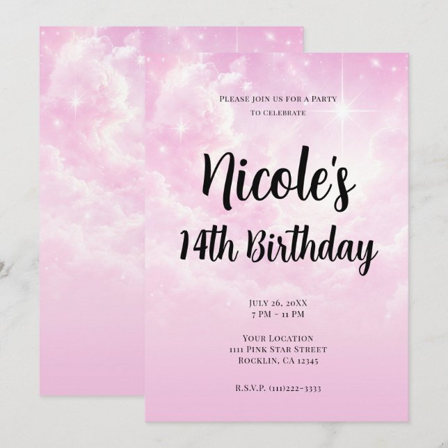 Pink Cotton Candy Clouds Starry Sky Birthday Party Invitation (Front/Back)