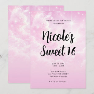 Pink Cotton Candy Clouds Starry Sky Sweet 16 Party Invitation