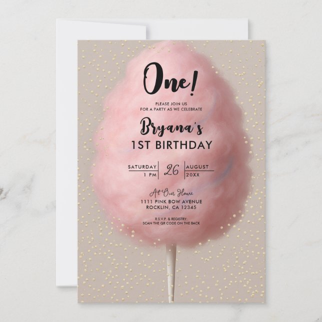 Pink Cotton Candy Gold Confetti 1st Birthday Party Invitation (Front)