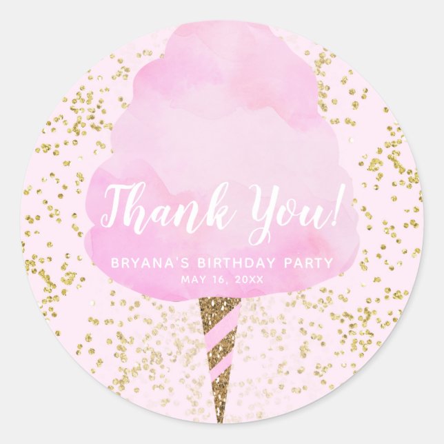 Pink Cotton Candy & Gold Confetti Birthday Party Classic Round Sticker (Front)