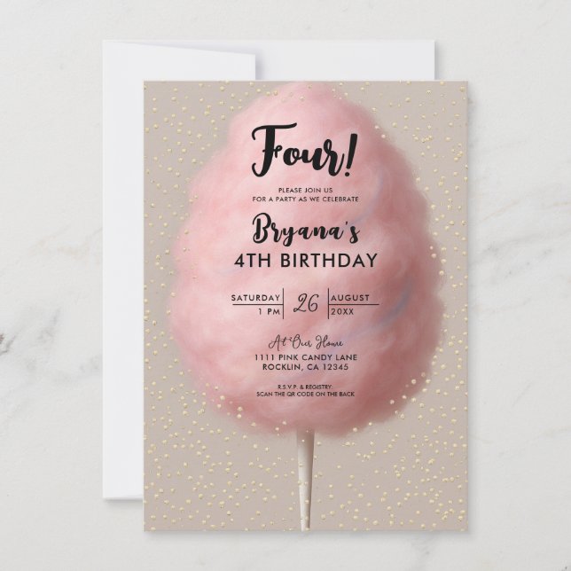 Pink Cotton Candy Gold Confetti Birthday Party Invitation (Front)