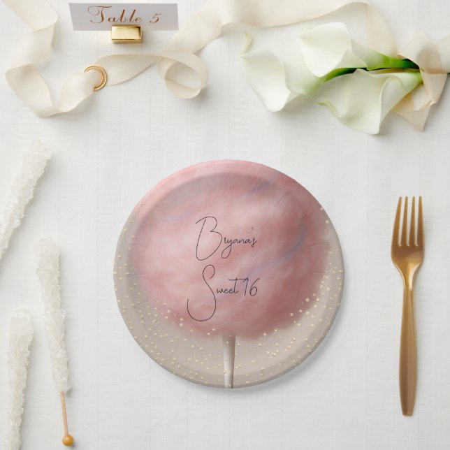 Pink Cotton Candy Gold Confetti Birthday Party Paper Plate (Wedding)