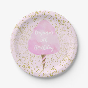Pink Cotton Candy & Gold Confetti Birthday Party Paper Plate