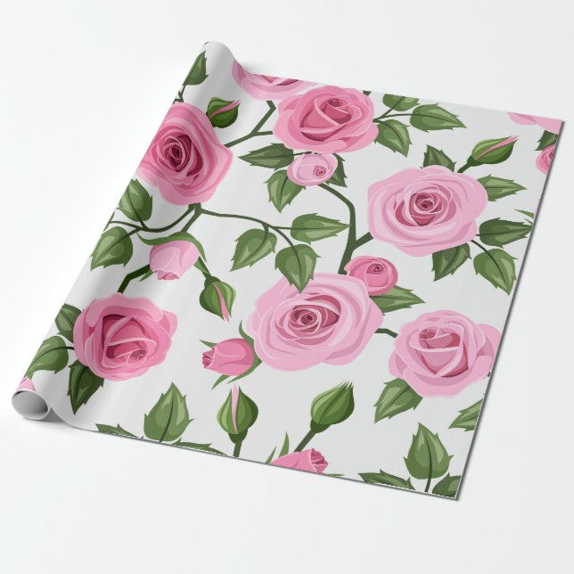 Pink Cotton Candy Roses Pattern Wrapping Paper (Unrolled)