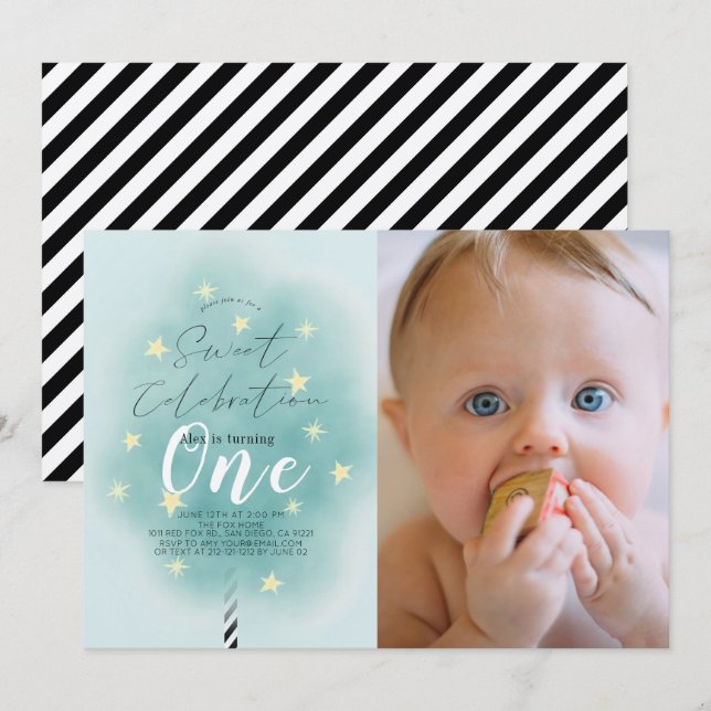 Pink Cotton Candy Sweet Boy 1st Birthday Photo Invitation (Front/Back)