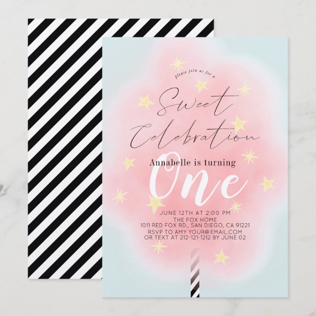 Pink Cotton Candy Sweet Girl 1st Birthday Invitation (Front/Back)