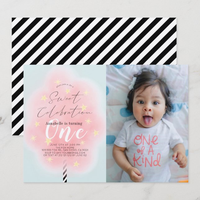 Pink Cotton Candy Sweet Girl 1st Birthday Photo Invitation (Front/Back)