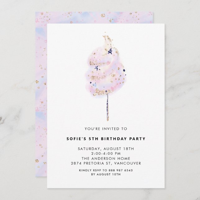 Pink Cotton Candy with Gold Sparkle Birthday Party Invitation (Front/Back)