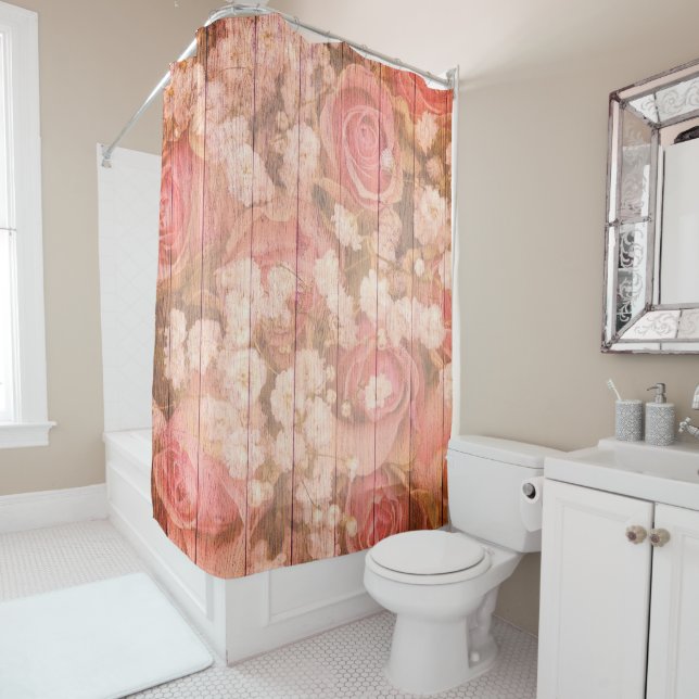 Pink Country Chic Roses Shower Curtain (In Situ)