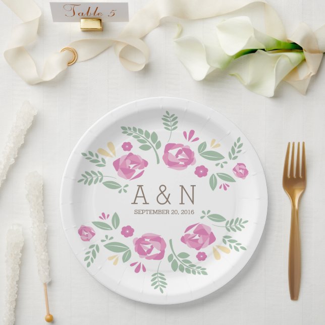 Pink Country Floral Monogram Paper Plates (Wedding)