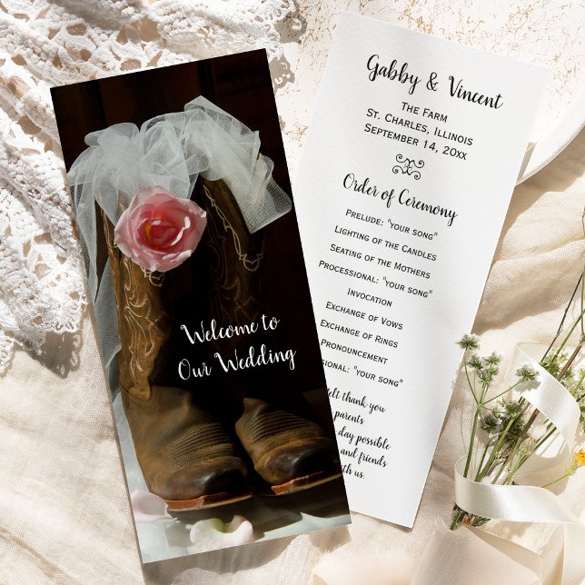 Pink Country Rose and Cowboy Boots Western Wedding Programme (Creator Uploaded)
