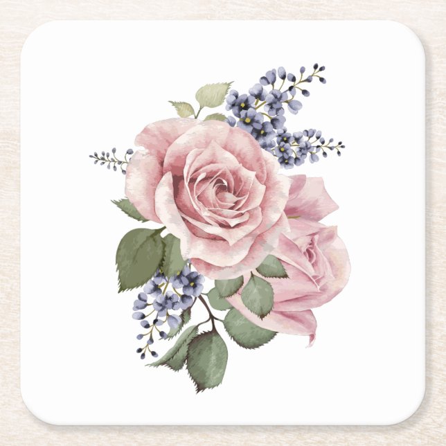 Pink Country Rose Square Paper Coaster (Front)