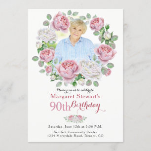 Pink Country Rose Wreath Photo 90th Birthday Invitation