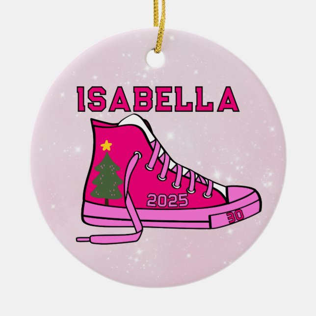 Pink Court Shoe Personalised Ceramic Tree Decoration (Front)
