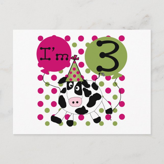 Pink Cow 3rd Birthday Tshirts and Gifts Postcard (Front)