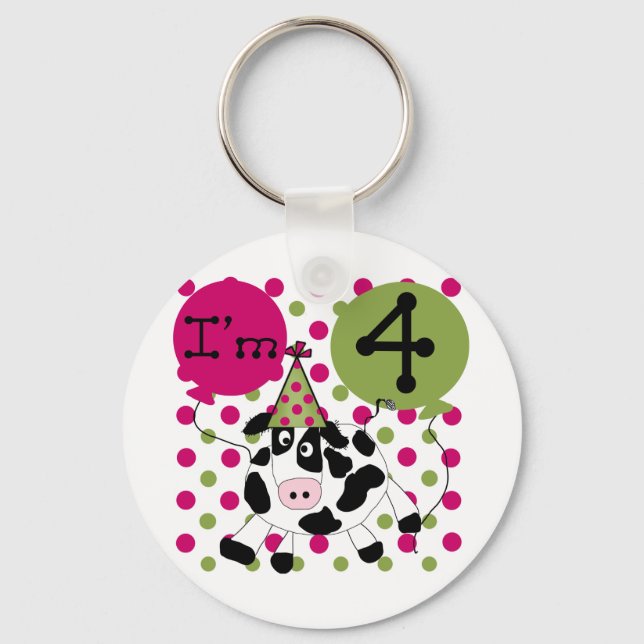 Pink Cow 4th  Birthday Tshirts and Gifts Key Ring (Front)