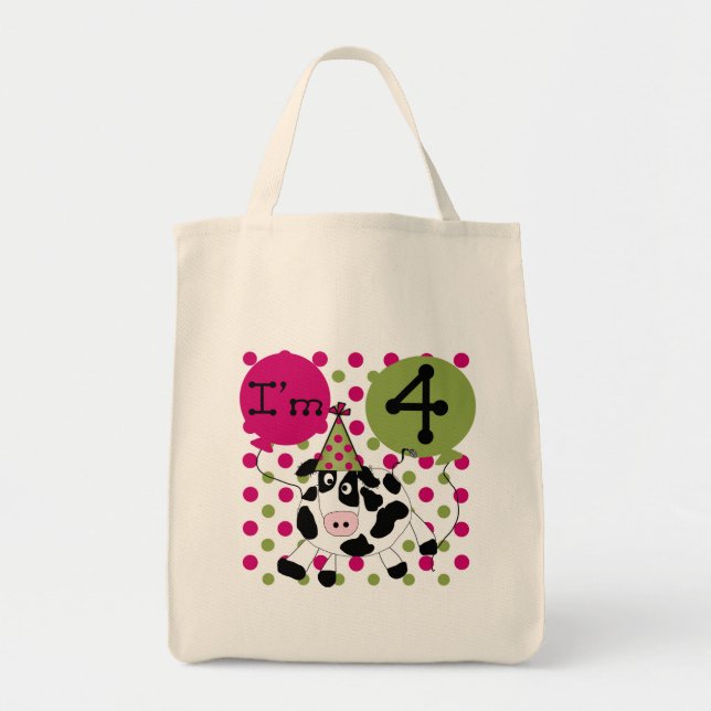 Pink Cow 4th  Birthday Tshirts and Gifts Tote Bag (Front)