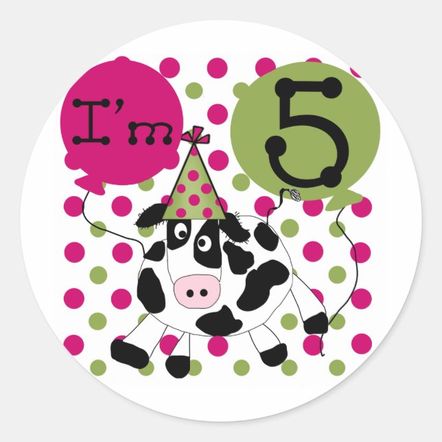 Pink Cow 5th Birthday Tshirts and Gifts Classic Round Sticker (Front)