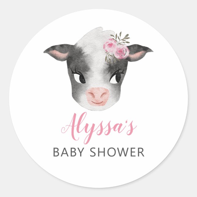 Pink Cow Girl Baby Shower Classic Round Sticker (Front)