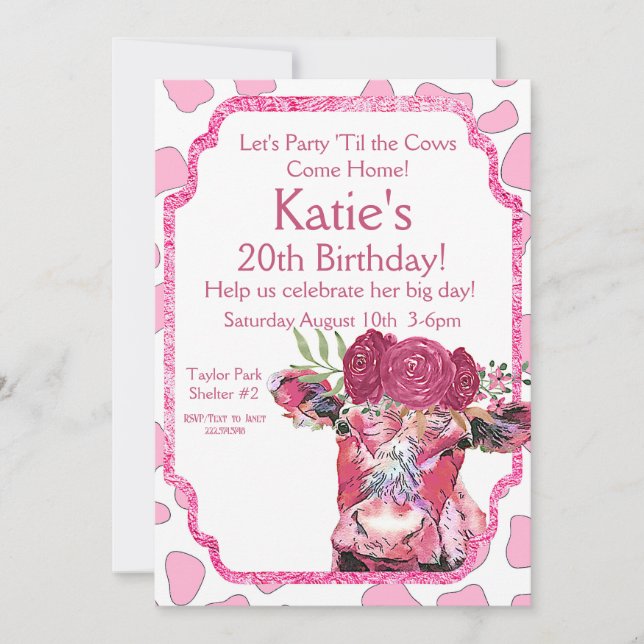 Pink Cow Invitation, Any Age, Cow Birthday Party Invitation (Front)