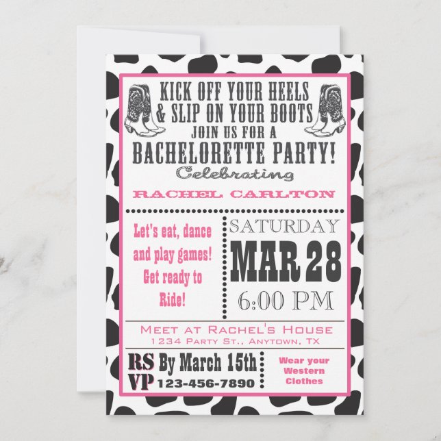 Pink Cow Print Cowgirl Bachelorette Party Invite (Front)