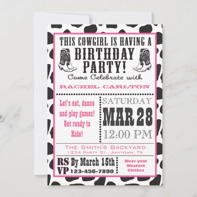 Pink Cow Print Cowgirl Birthday Invitation (Front)