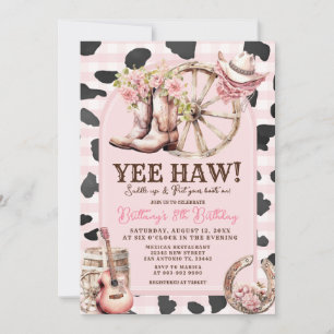 Pink Cow Skin Cowgirl Western 1st Birthday  Invitation