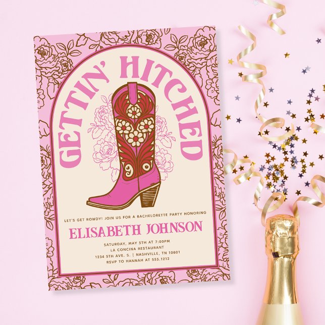 Pink Cowboy Boot Gettin' Hitched Bachelorette  Invitation (Pink Cowboy Boot Gettin' Hitched Bachelorette Invitation)