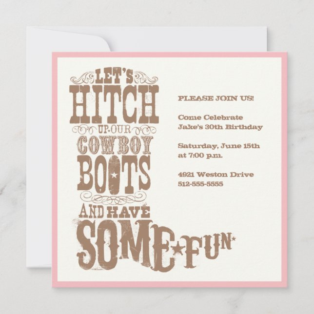 Pink Cowboy Boot Invitations (Front)