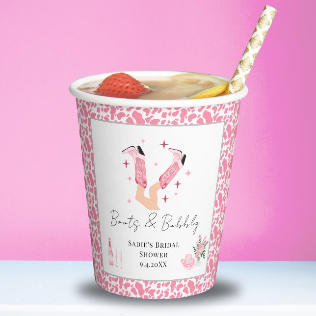 Pink Cowboy Boots & Bubbly Bridal Shower Paper Cups (Creator Uploaded)
