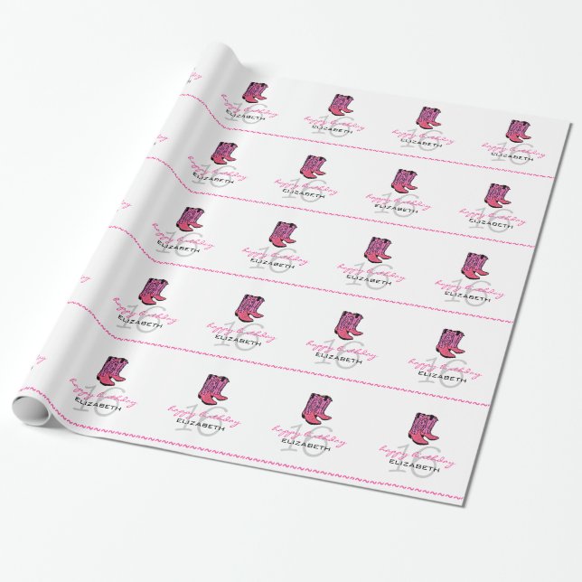 Pink Cowboy Boots-Personalised 16th Birthday Wrapping Paper (Unrolled)