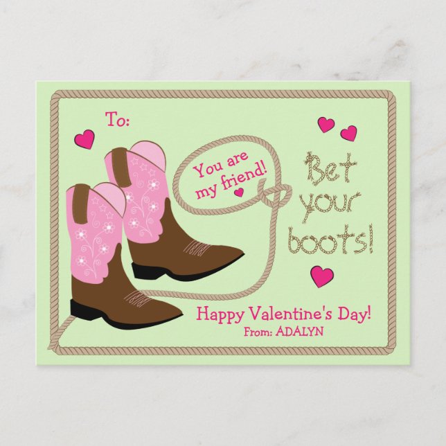 Pink Cowboy Boots Photo Classroom Valentine's Day Holiday Postcard (Front)