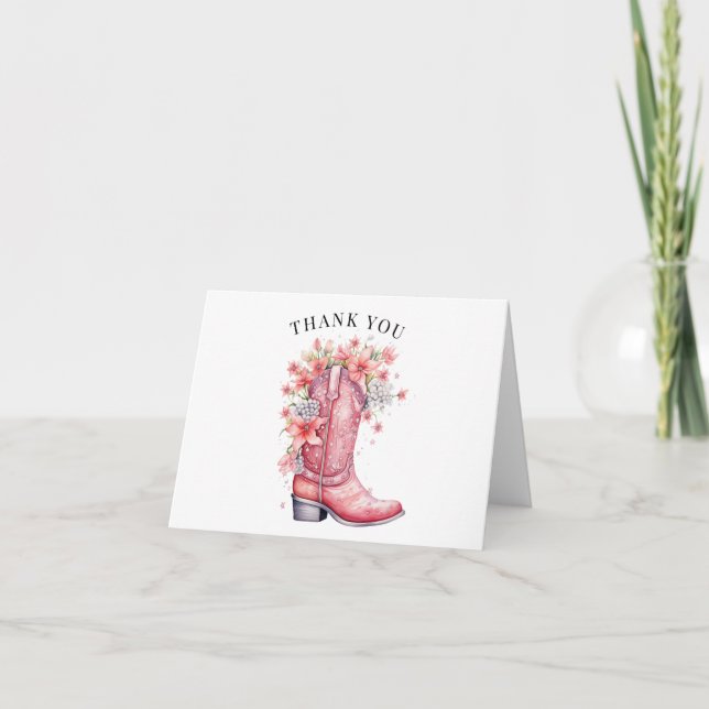 Pink Cowboy Boots Watercolor Floral Thank You Card (Front)