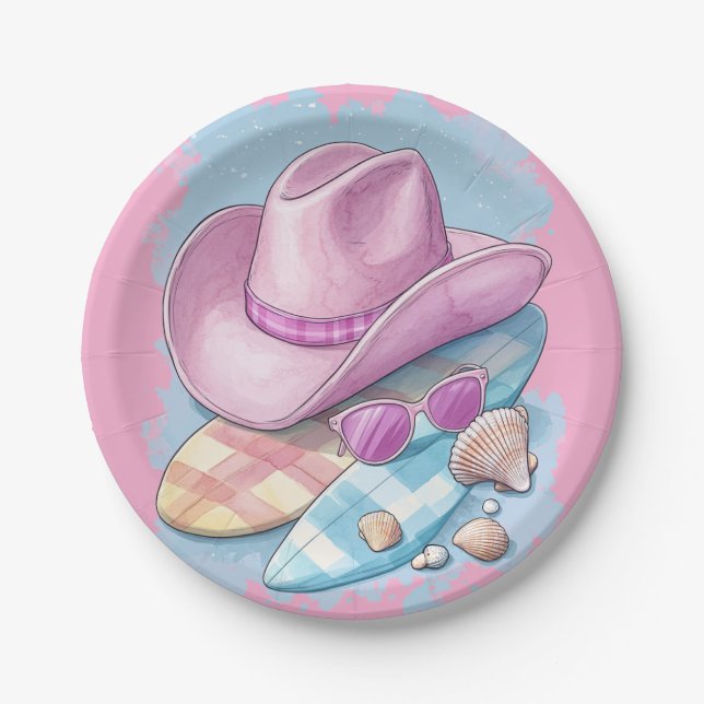 Pink Cowboy Hat and Surfboards - Beachy Western  Paper Plate (Front)