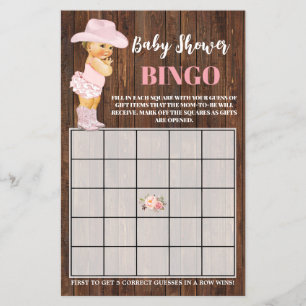 Pink Cowgirl Baby Shower Bingo Game Card Flyer