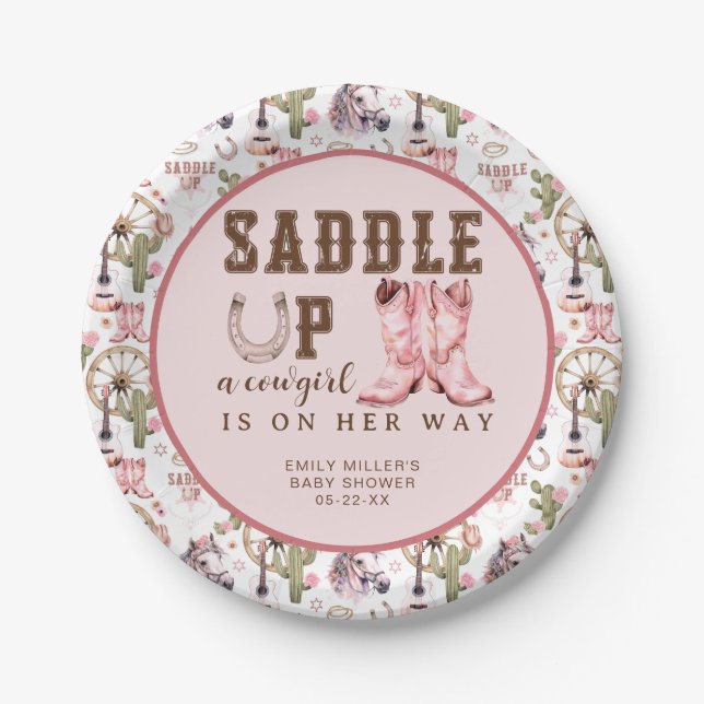 Pink Cowgirl Baby Shower Saddle Up Party Plate (Front)