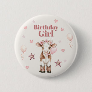 Pink Cowgirl Birthday   Farm Theme 1st 6 Cm Round Badge