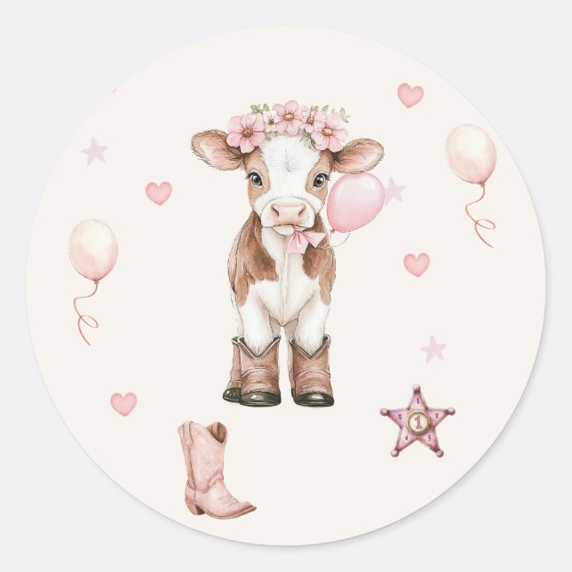Pink Cowgirl Birthday | Farm Theme 1st  Classic Round Sticker (Front)