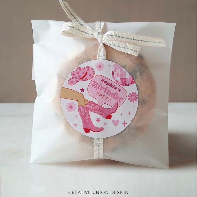 Pink Cowgirl Birthday Party Let's Go Girls Favours Classic Round Sticker (Creator Uploaded)