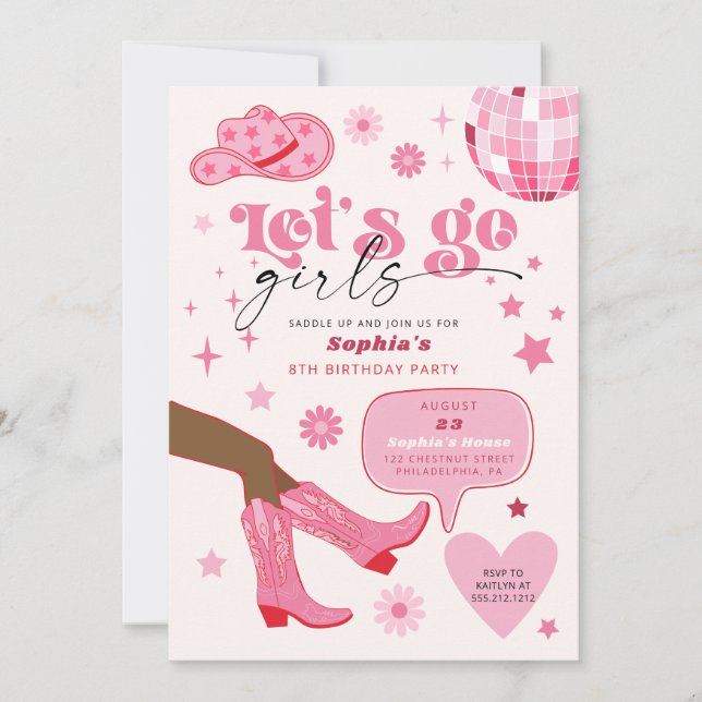 Pink Cowgirl Birthday Party Let's Go Girls Invitation (Front)