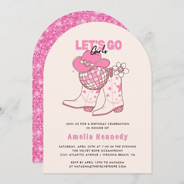 Pink Cowgirl Birthday Party Lets Go Girls Retro Invitation (Front/Back)