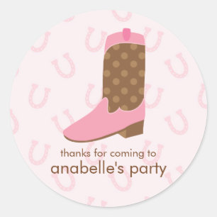 Pink Cowgirl Boot Birthday Party Classic Round Sticker