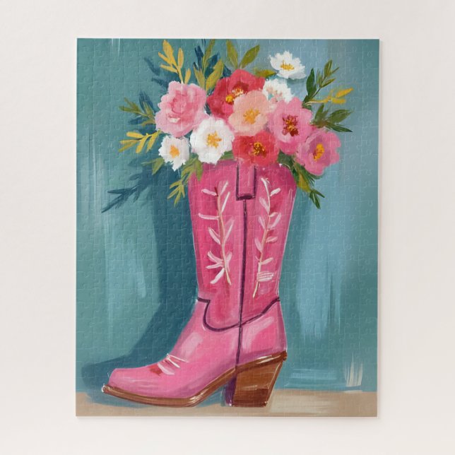 Pink Cowgirl Boot Flower Bouquet Watercolor Jigsaw Puzzle (Vertical)